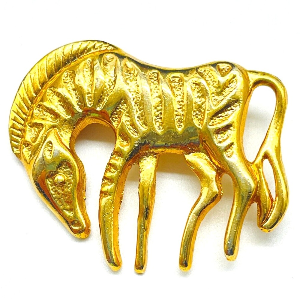 Vintage Gold Tone Zebra Brooch Pin Animal Safari Figural Textured Statement